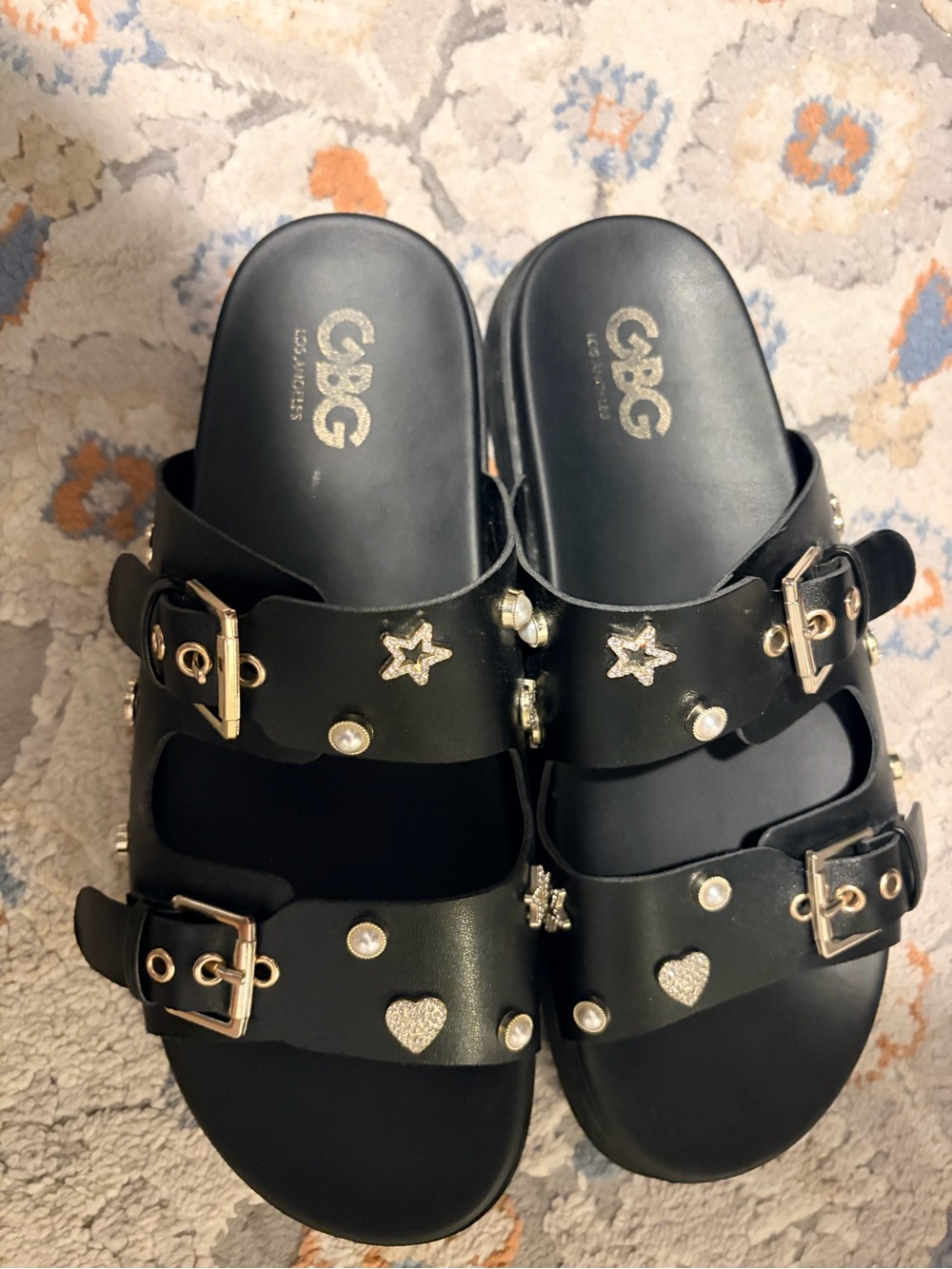 GBG California Black Double-Strap Embellished Slide Sandals